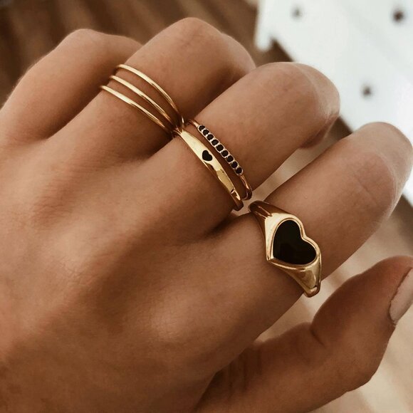 3/$35 Gold Heart Ring Set Minimalist Stackable Rings Black Enamel Accent Dainty - Picture 1 of 8
